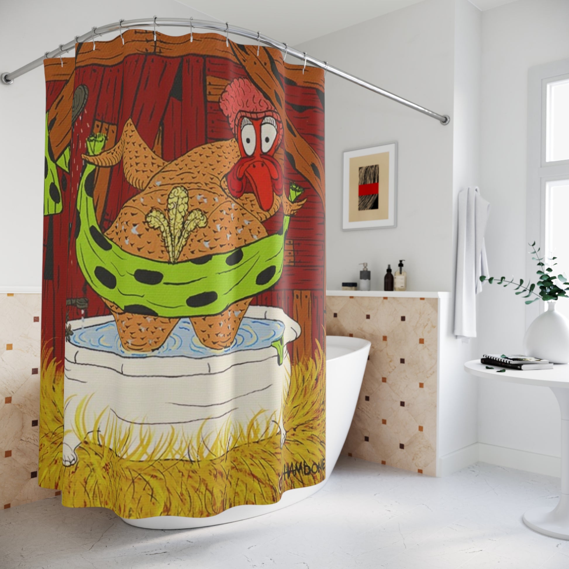 Funny Chicken Shower Curtain, Quirky Bathroom Decor, Farmhouse Style, Gift for Poultry Lovers, Unique Bathroom Accessories