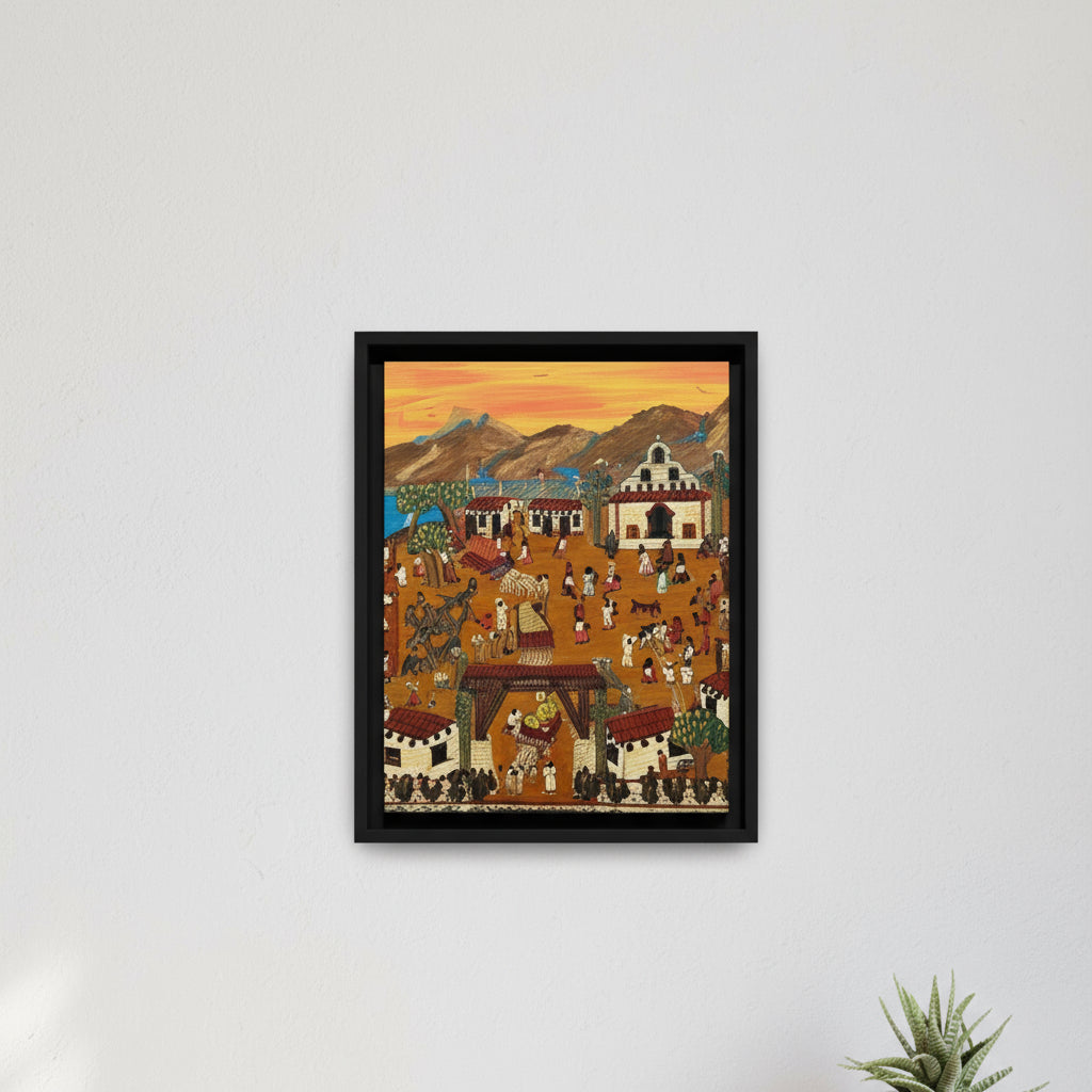 Framed Art Print, Daily Life in a Mexican Village, Colorful Landscape Wall Decor, Cultural Canvas Art for Home Décor.