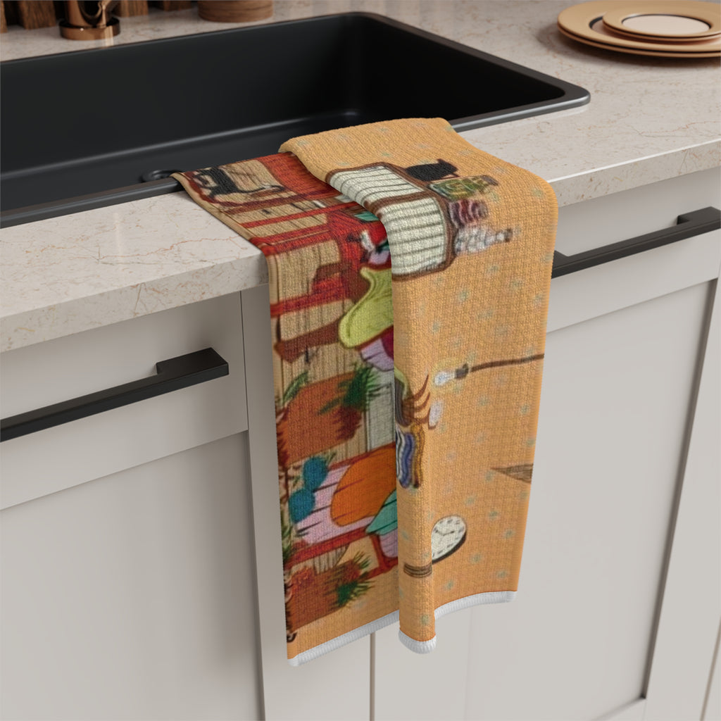 Cozy Kitchen Microfiber Tea Towel - Whimsical Cooking Scene, Functional Kitchen Decor, Gift for Foodies, Housewarming, Thanksgiving