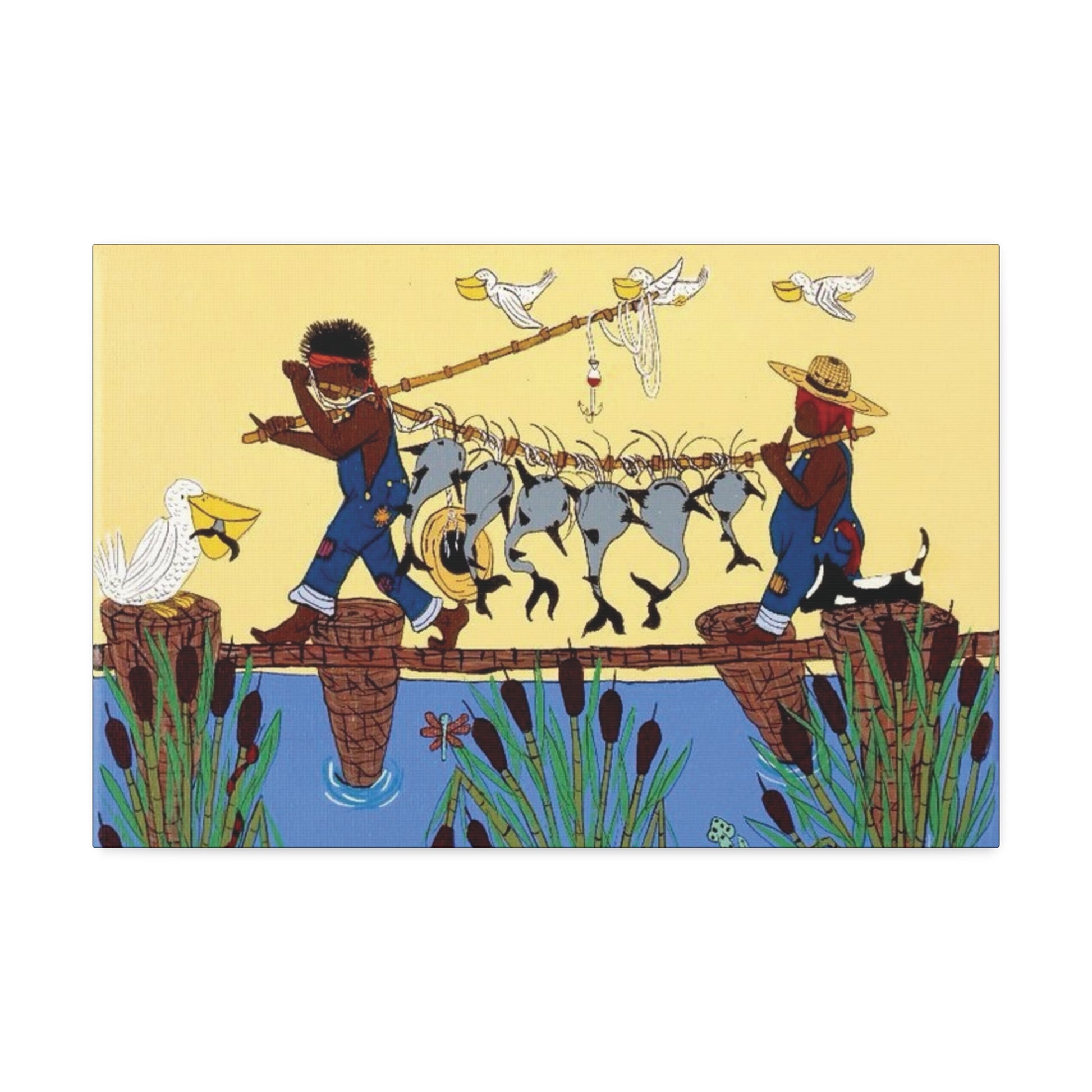 Fishing Day Bliss | Stretched Canvas Print, Colorful Wall Decor, African American Art, Farm Themed Art, Gift for Nature Lovers