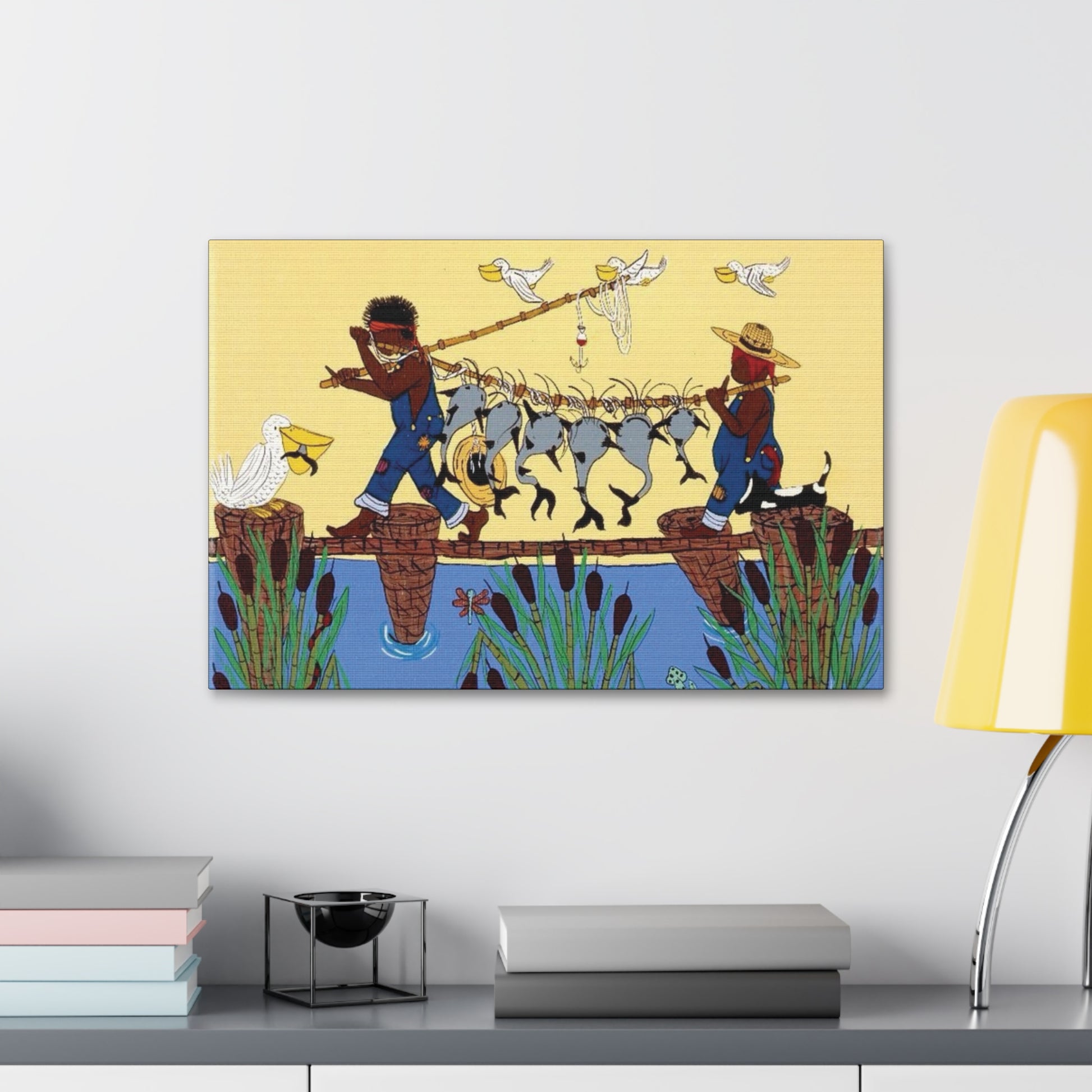Fishing Day Bliss | Stretched Canvas Print, Colorful Wall Decor, African American Art, Farm Themed Art, Gift for Nature Lovers