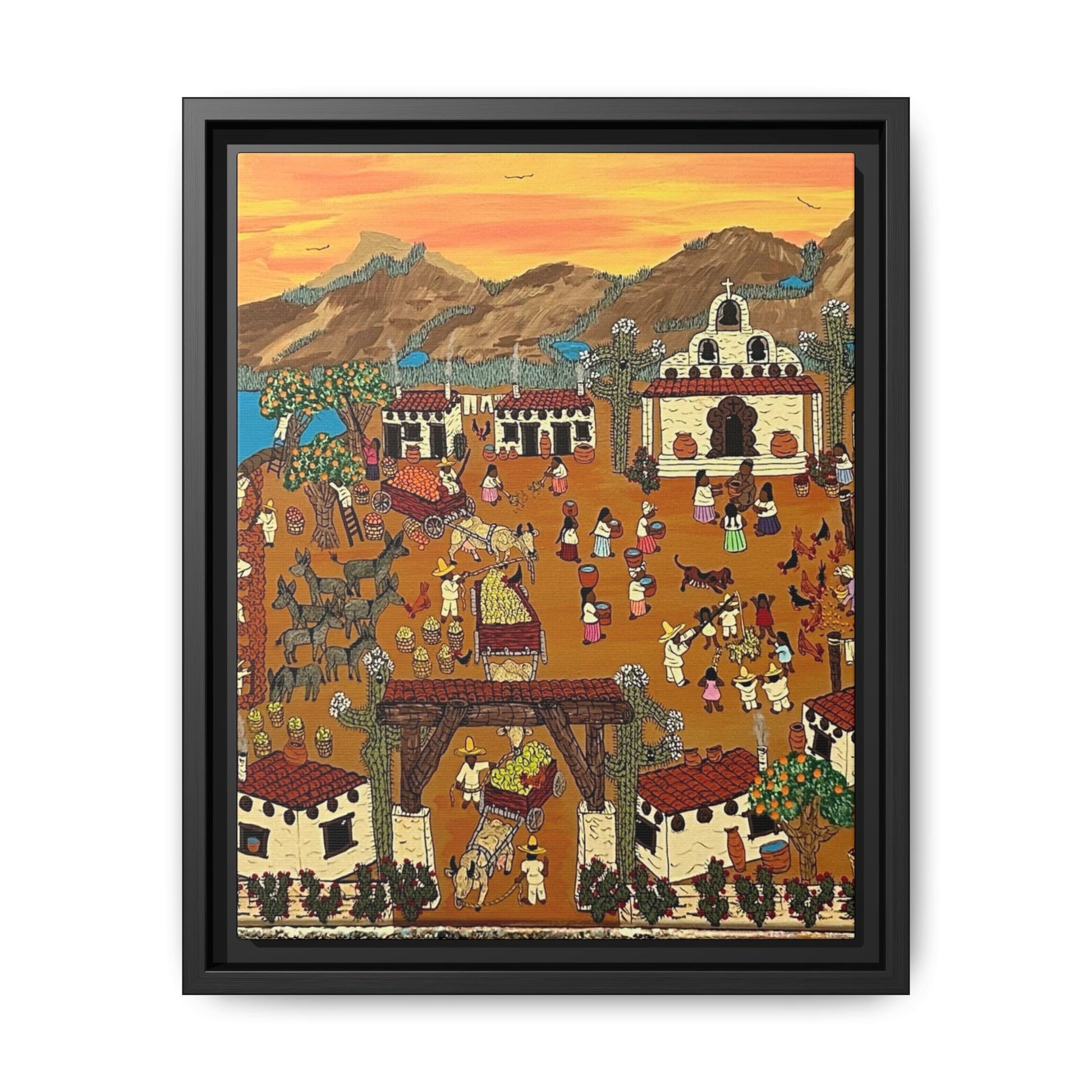 Framed Art Print, Daily Life in a Mexican Village, Colorful Landscape Wall Decor, Cultural Canvas Art for Home Décor.