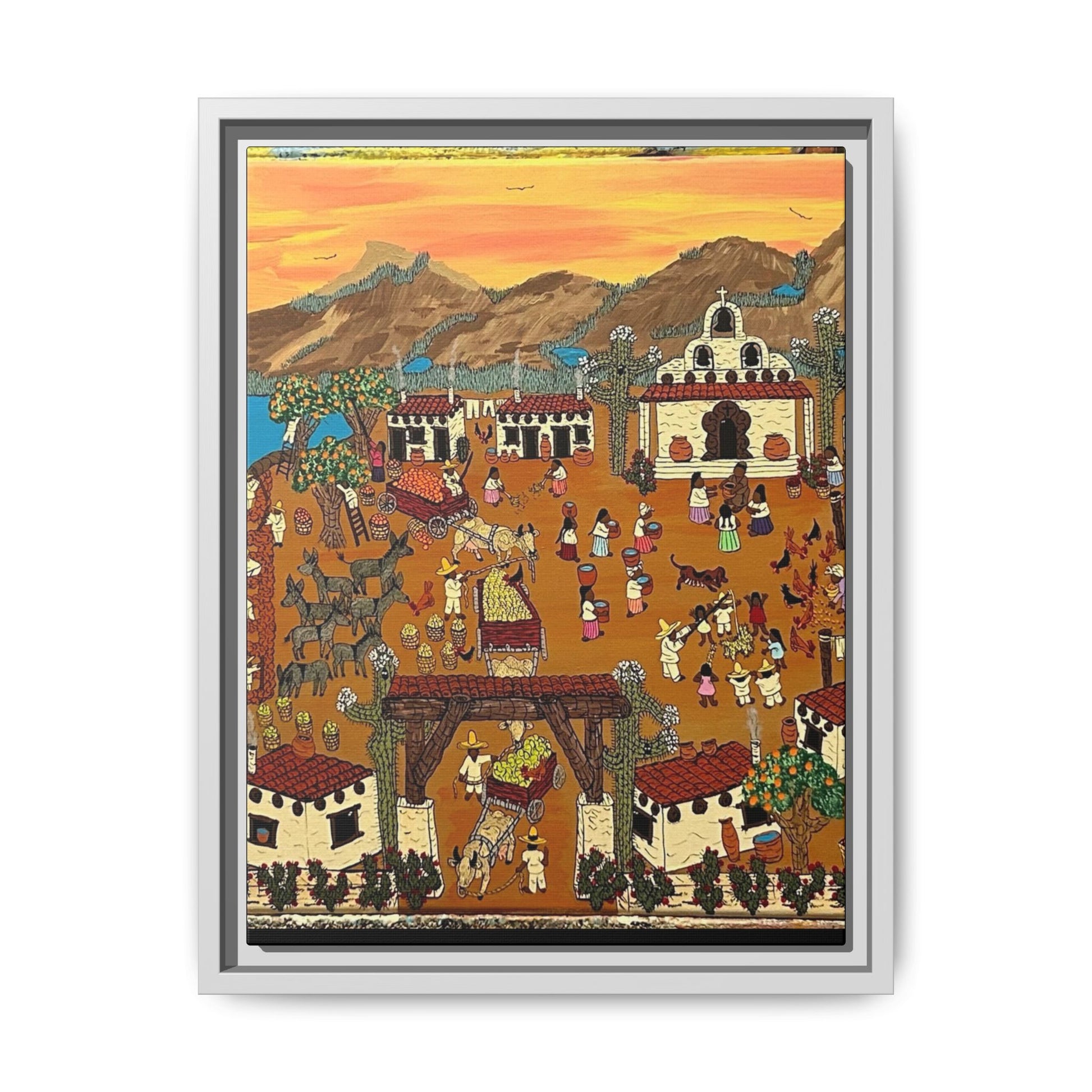 Framed Art Print, Daily Life in a Mexican Village, Colorful Landscape Wall Decor, Cultural Canvas Art for Home Décor.