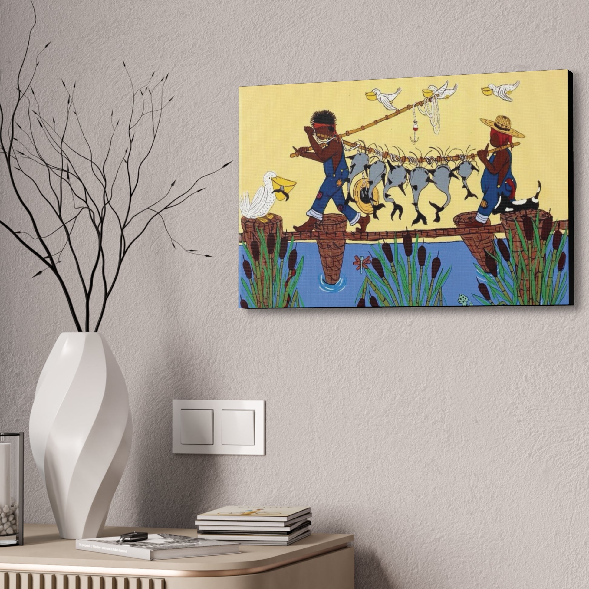 Fishing Day Bliss | Stretched Canvas Print, Colorful Wall Decor, African American Art, Farm Themed Art, Gift for Nature Lovers