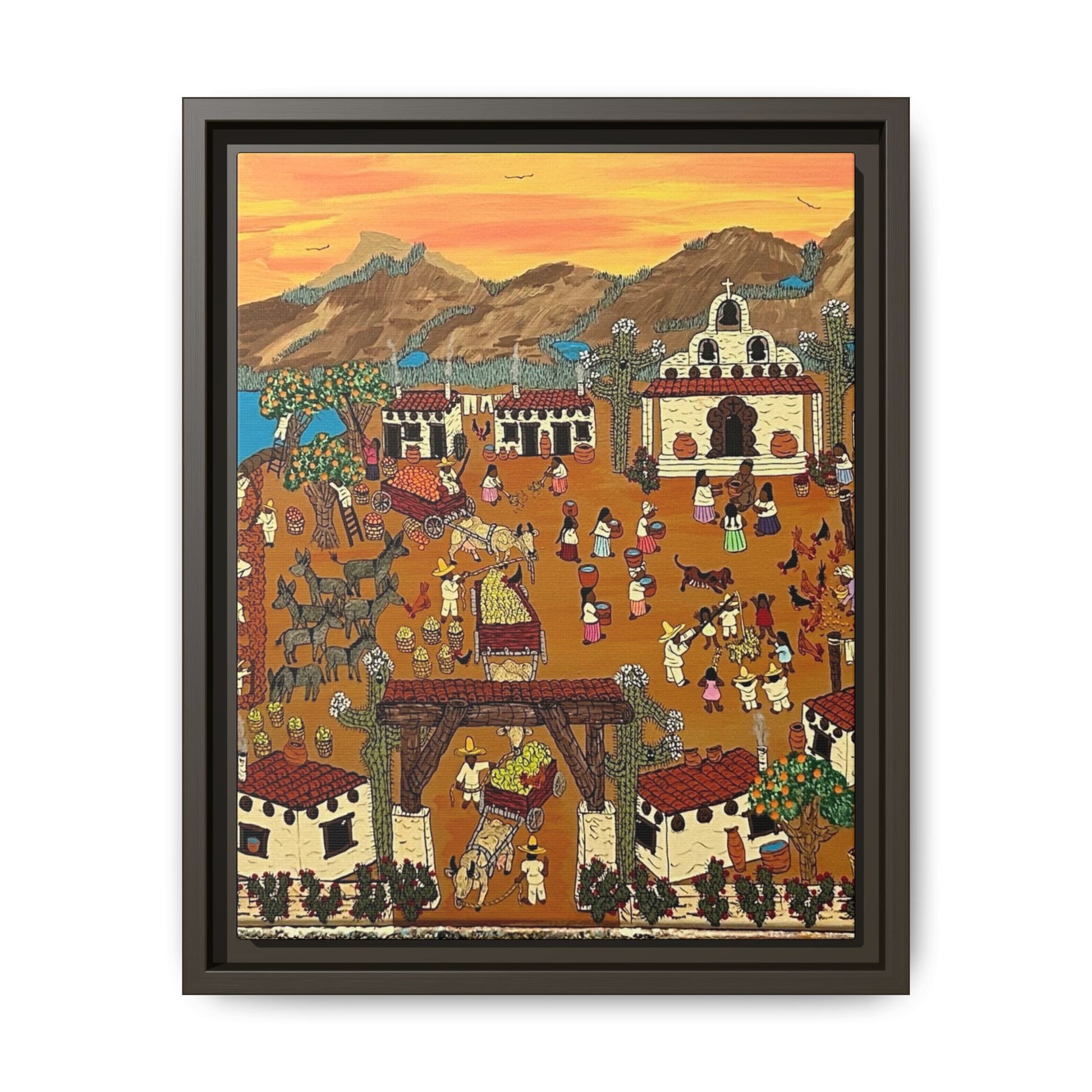 Framed Art Print, Daily Life in a Mexican Village, Colorful Landscape Wall Decor, Cultural Canvas Art for Home Décor.