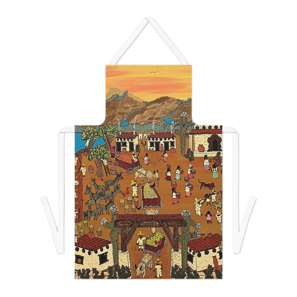 Kitchen Apron – Daily Life in a Mexican Village Design, Cooking Apparel, Handmade Cooking Apron, Festive Cooking Essentials