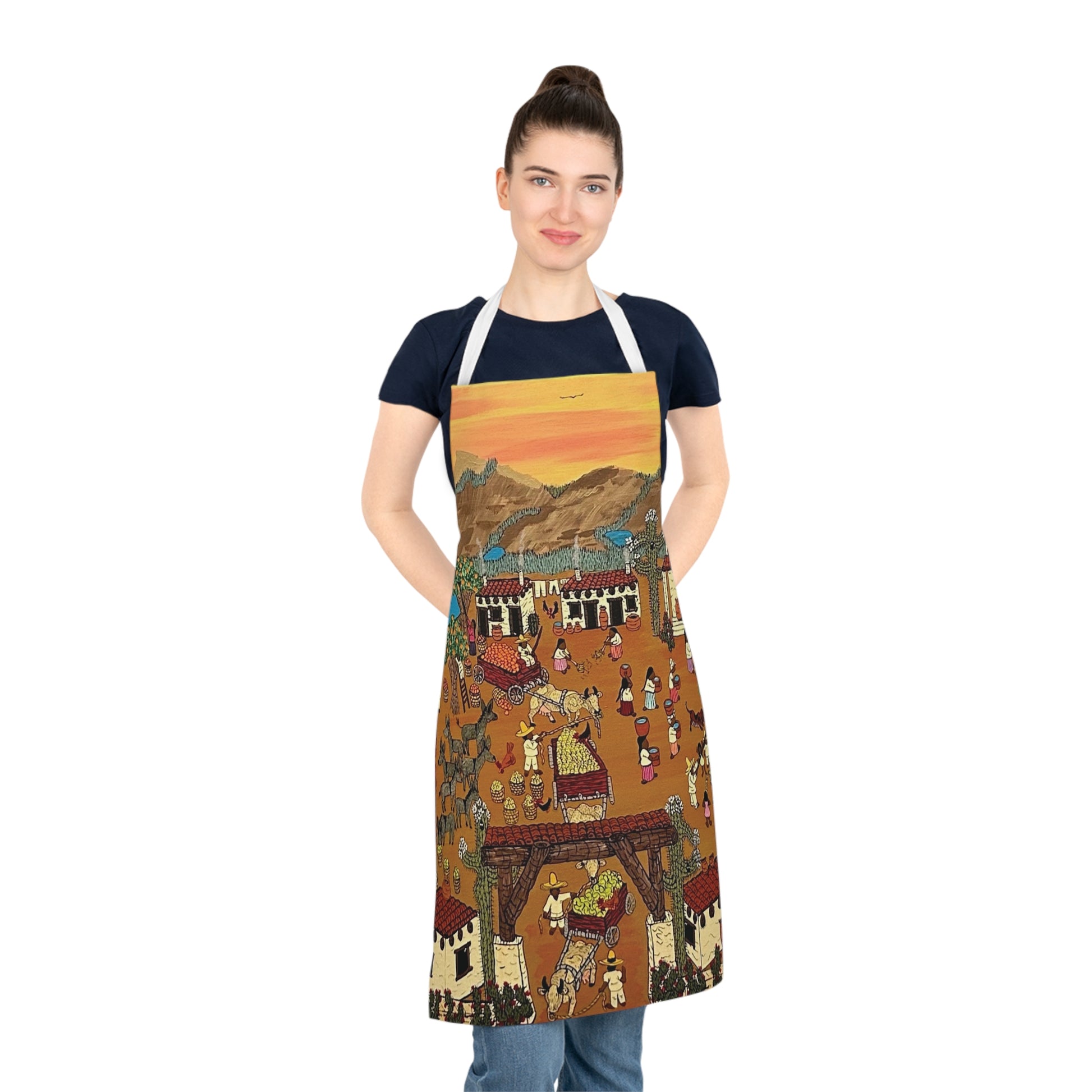 Kitchen Apron – Daily Life in a Mexican Village Design, Cooking Apparel, Handmade Cooking Apron, Festive Cooking Essentials