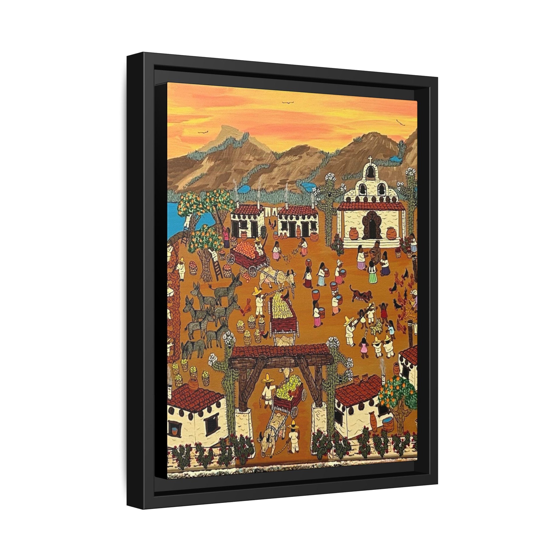 Framed Art Print, Daily Life in a Mexican Village, Colorful Landscape Wall Decor, Cultural Canvas Art for Home Décor.